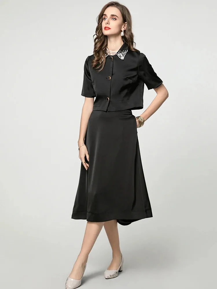 Emma Diamonds Turn-down Collar Single Breasted Top   Skirt Solid Color Office Lady 2 Piece Set