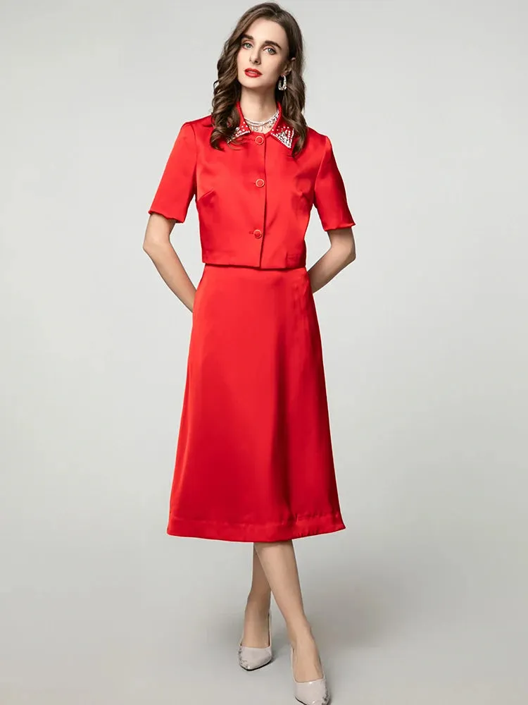 Emma Diamonds Turn-down Collar Single Breasted Top   Skirt Solid Color Office Lady 2 Piece Set