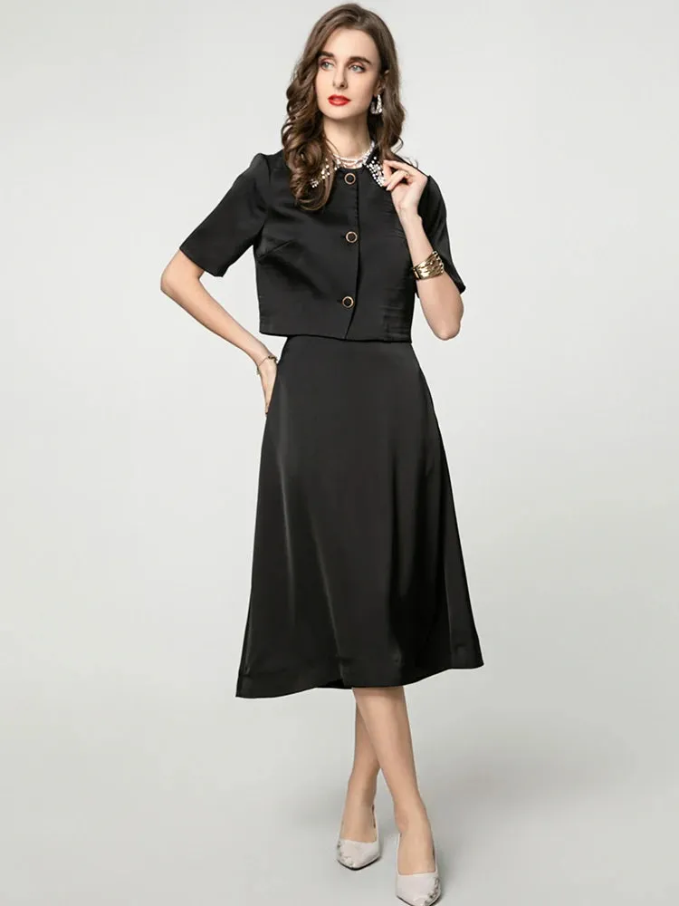 Emma Diamonds Turn-down Collar Single Breasted Top   Skirt Solid Color Office Lady 2 Piece Set