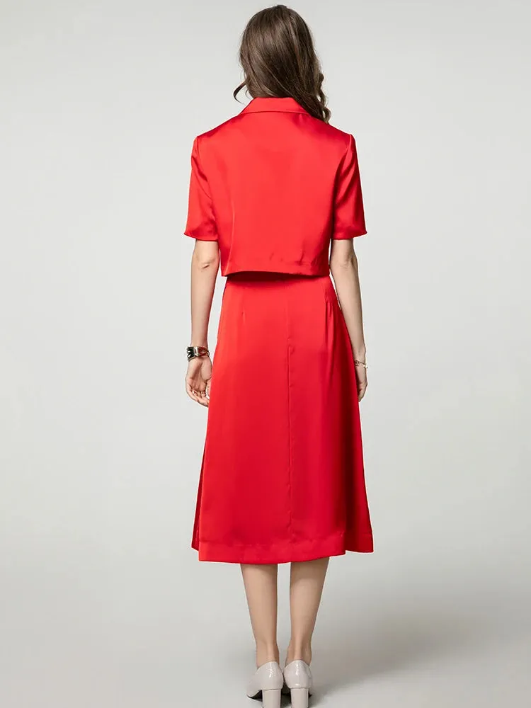 Emma Diamonds Turn-down Collar Single Breasted Top   Skirt Solid Color Office Lady 2 Piece Set