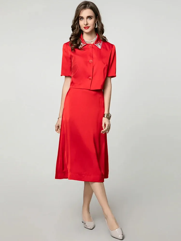 Emma Diamonds Turn-down Collar Single Breasted Top   Skirt Solid Color Office Lady 2 Piece Set