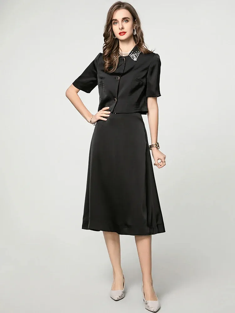 Emma Diamonds Turn-down Collar Single Breasted Top   Skirt Solid Color Office Lady 2 Piece Set