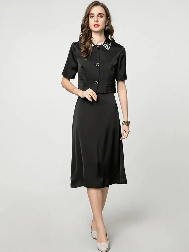 Emma Diamonds Turn-down Collar Single Breasted Top   Skirt Solid Color Office Lady 2 Piece Set