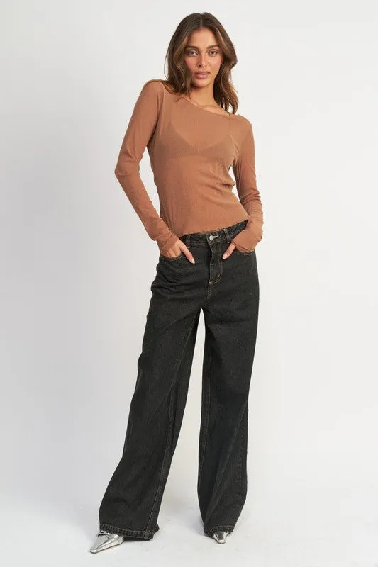 Emory Park GLITTER MESH TOP WITH BACK COWL