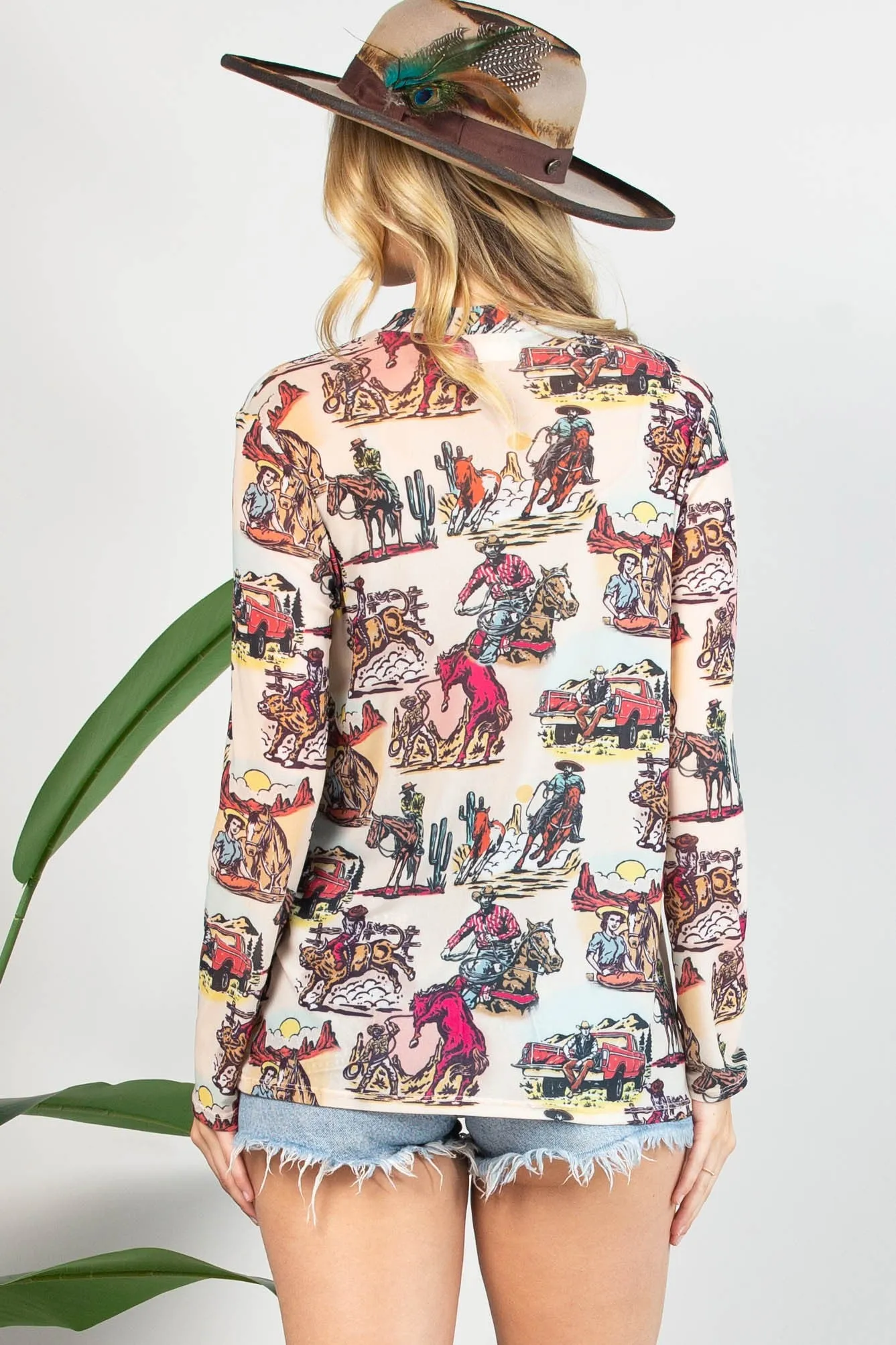 Esther Vintage Western Print Mesh Top