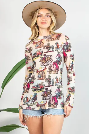 Esther Vintage Western Print Mesh Top
