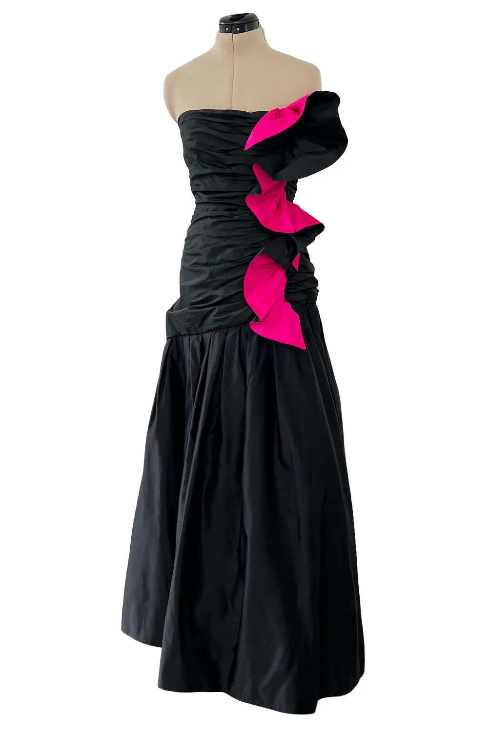 Fall 1982 Arnold Scaasi Couture Runway Black Silk Strapless Dress w Pink Ruffle