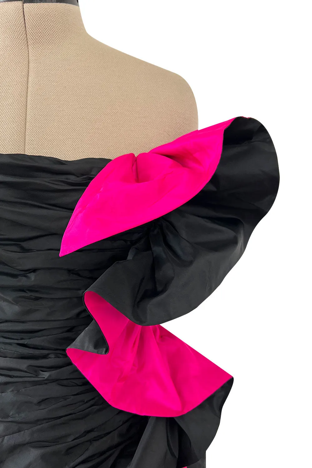 Fall 1982 Arnold Scaasi Couture Runway Black Silk Strapless Dress w Pink Ruffle