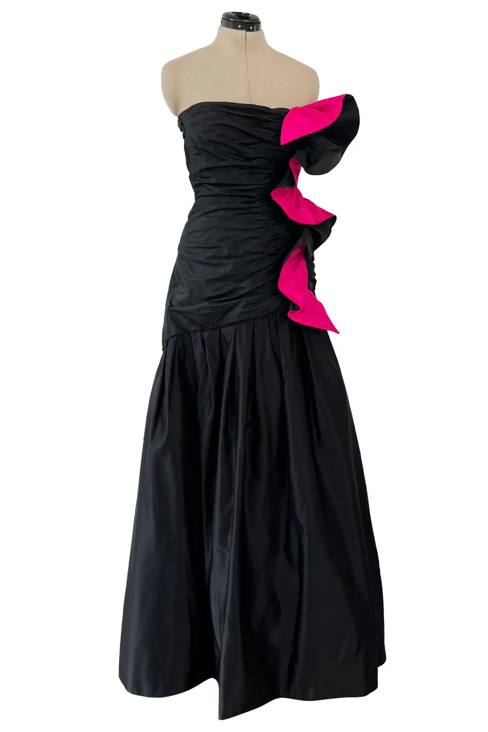 Fall 1982 Arnold Scaasi Couture Runway Black Silk Strapless Dress w Pink Ruffle