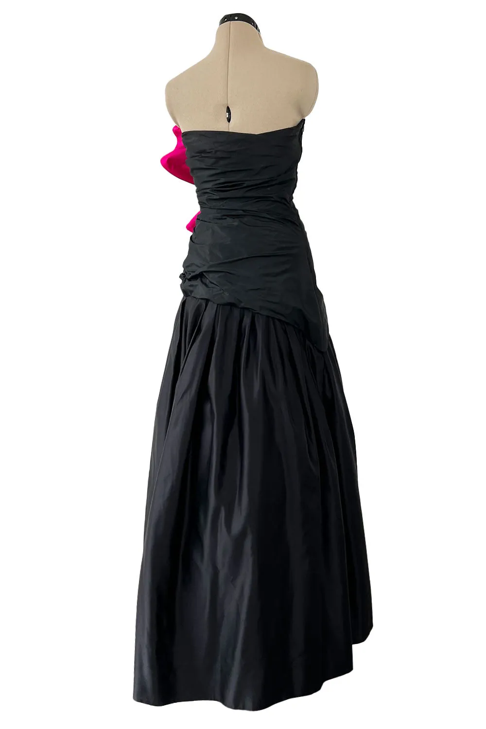 Fall 1982 Arnold Scaasi Couture Runway Black Silk Strapless Dress w Pink Ruffle
