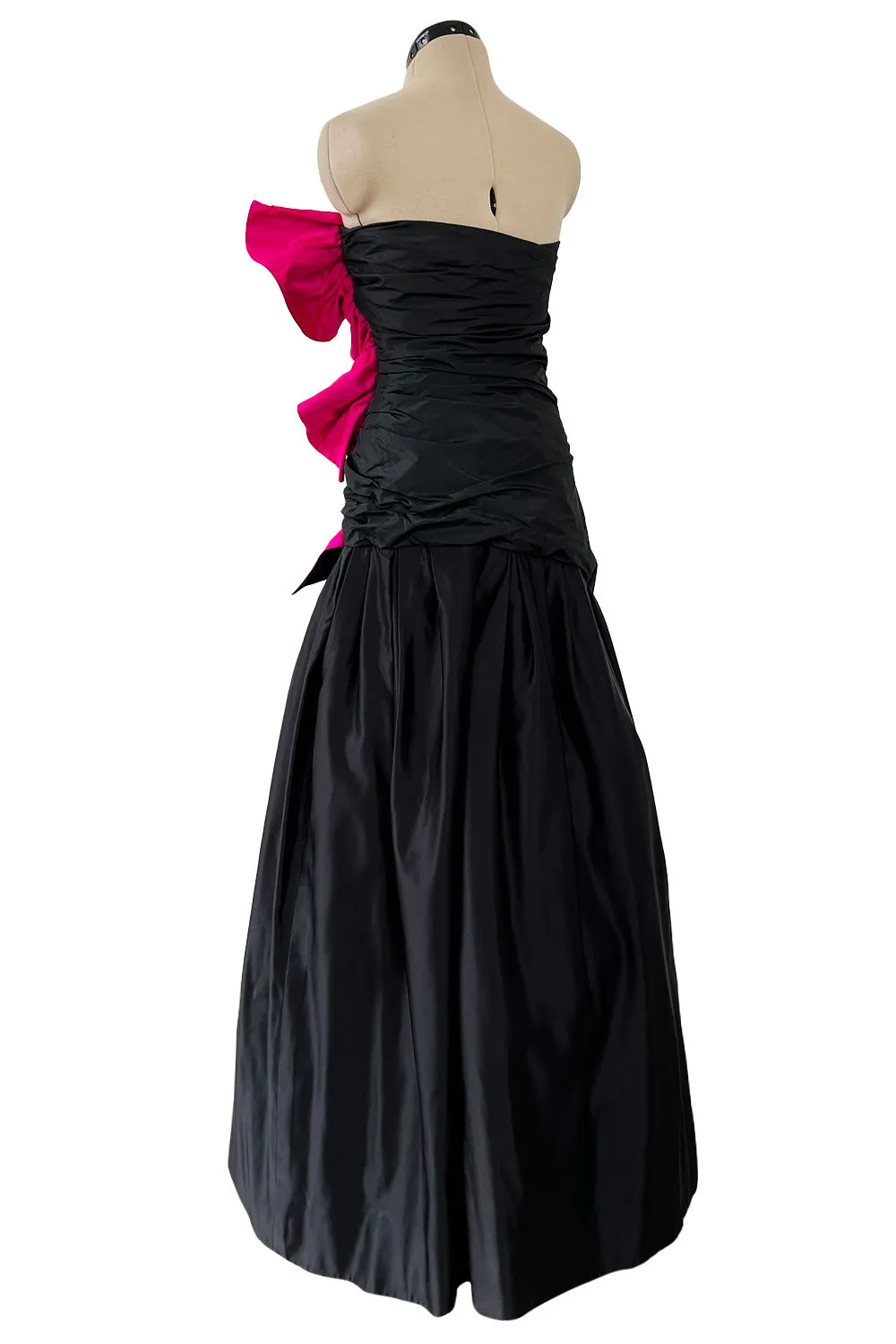 Fall 1982 Arnold Scaasi Couture Runway Black Silk Strapless Dress w Pink Ruffle