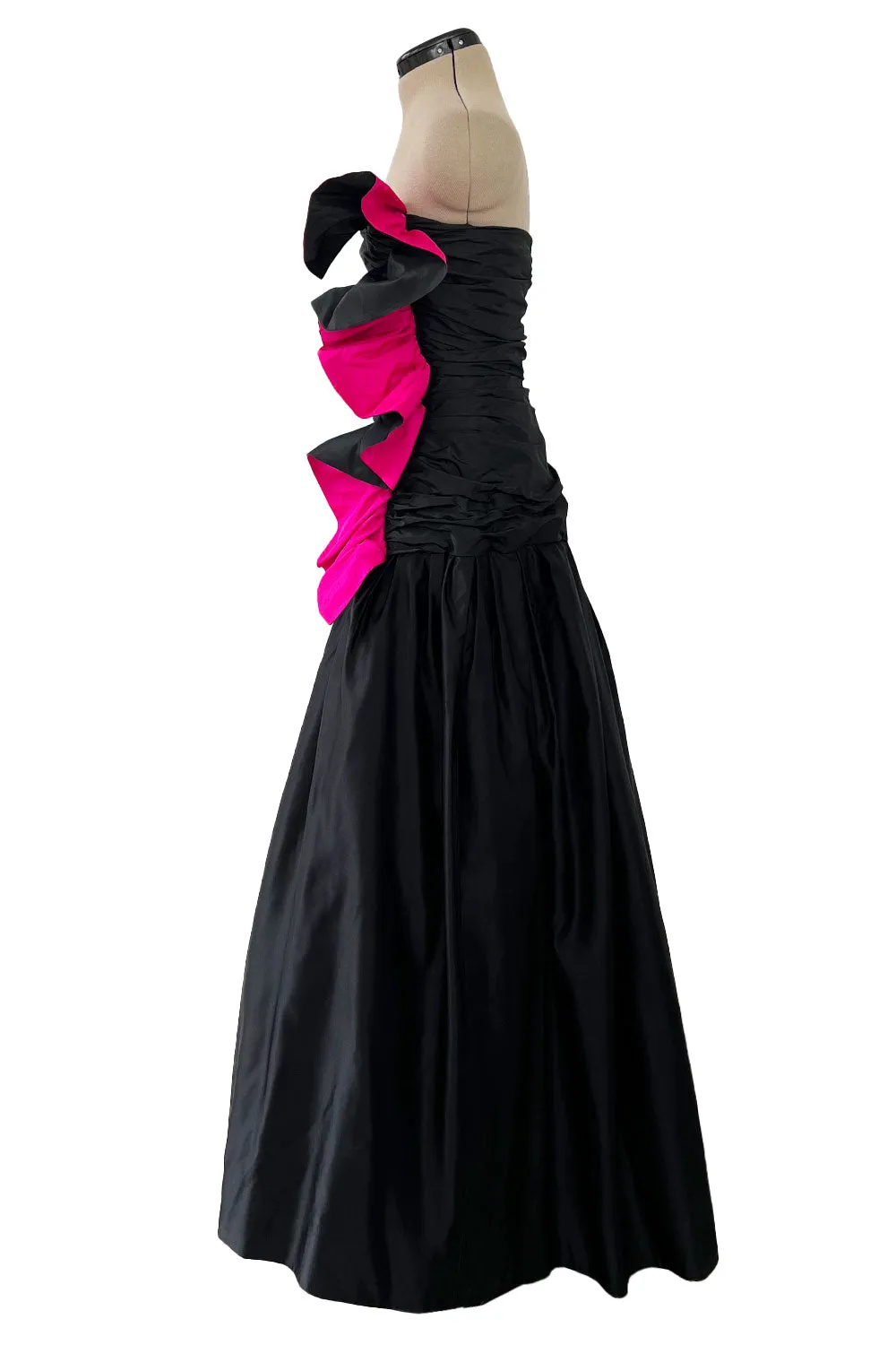 Fall 1982 Arnold Scaasi Couture Runway Black Silk Strapless Dress w Pink Ruffle