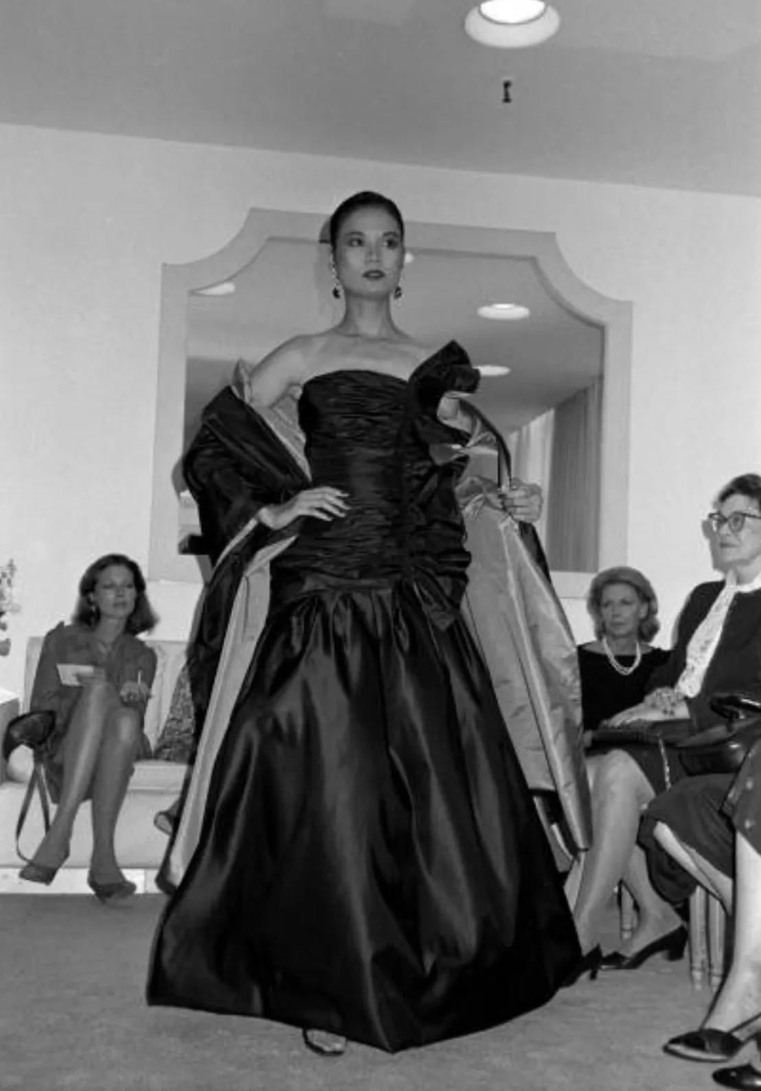 Fall 1982 Arnold Scaasi Couture Runway Black Silk Strapless Dress w Pink Ruffle