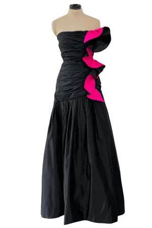 Fall 1982 Arnold Scaasi Couture Runway Black Silk Strapless Dress w Pink Ruffle