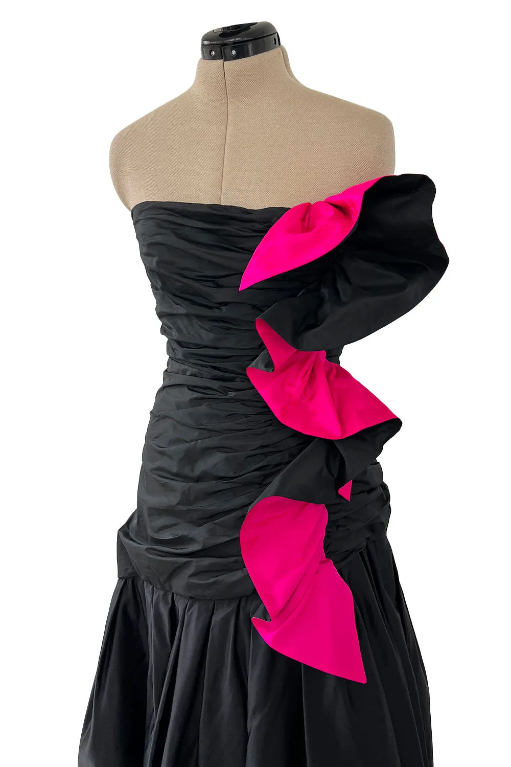 Fall 1982 Arnold Scaasi Couture Runway Black Silk Strapless Dress w Pink Ruffle