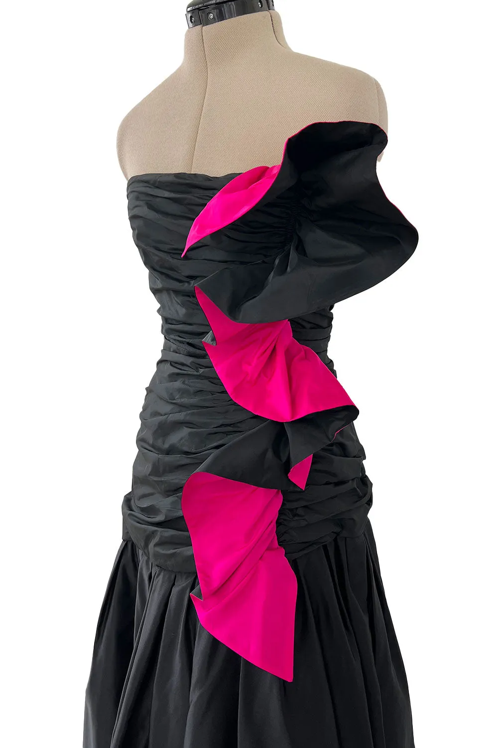Fall 1982 Arnold Scaasi Couture Runway Black Silk Strapless Dress w Pink Ruffle
