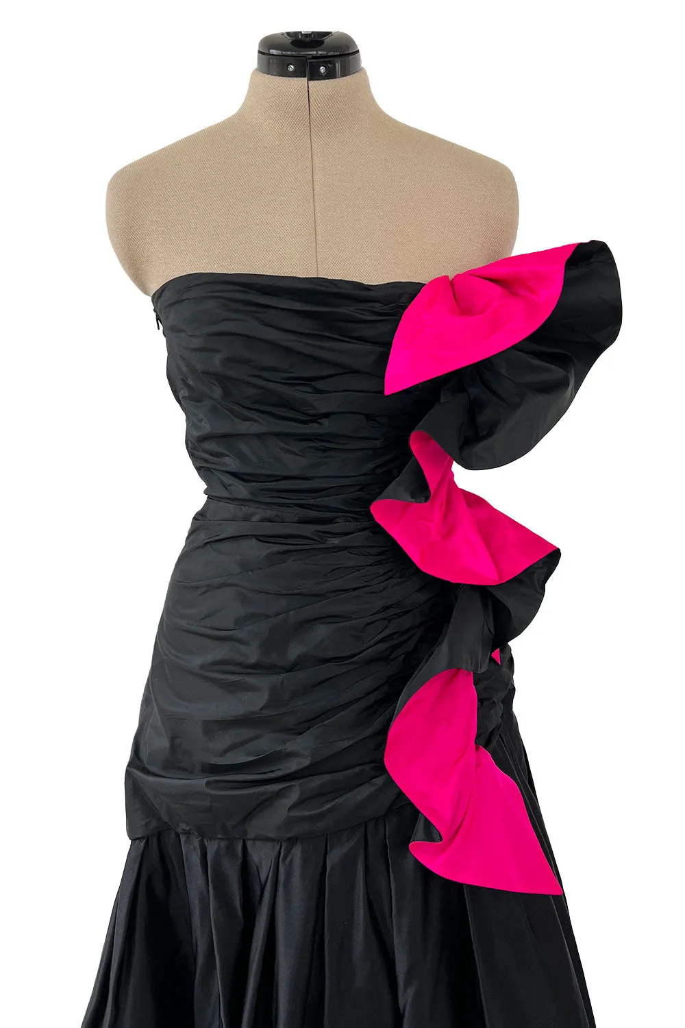 Fall 1982 Arnold Scaasi Couture Runway Black Silk Strapless Dress w Pink Ruffle
