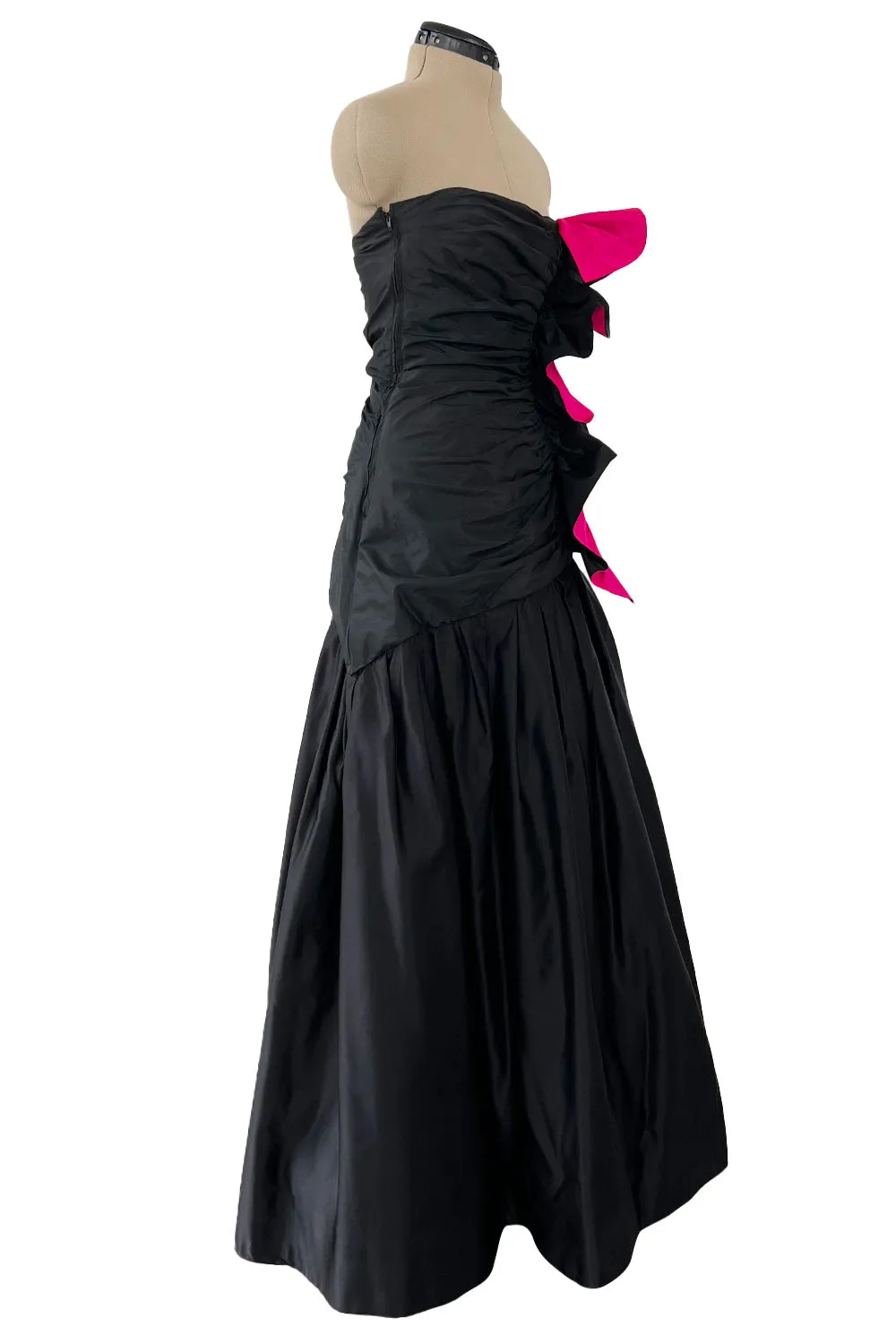 Fall 1982 Arnold Scaasi Couture Runway Black Silk Strapless Dress w Pink Ruffle