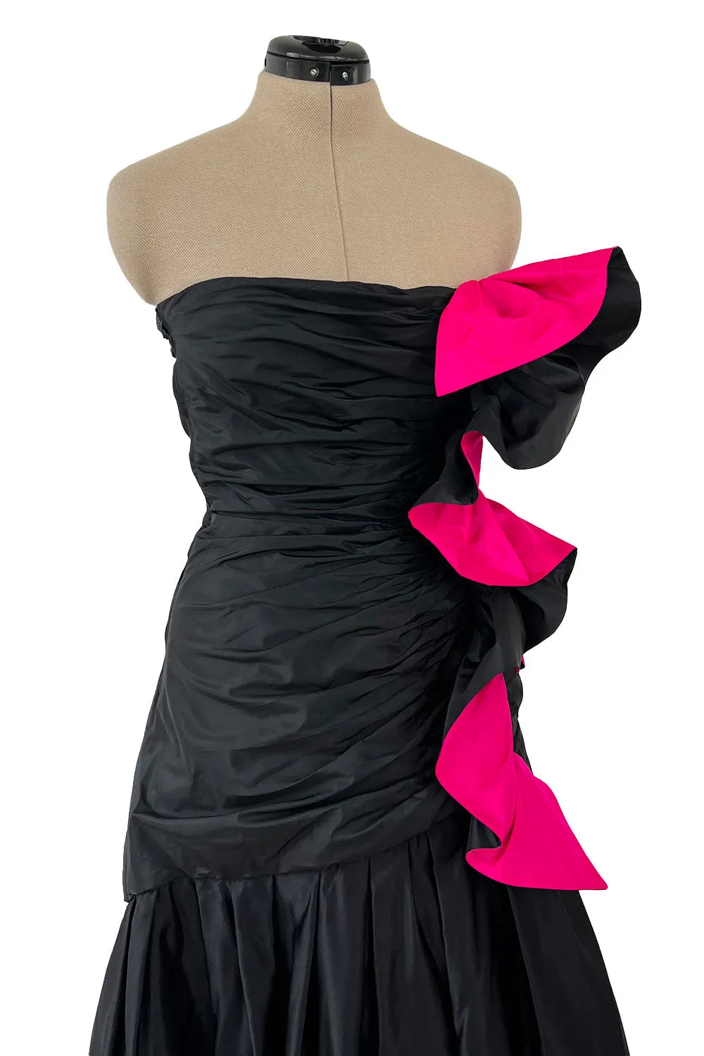 Fall 1982 Arnold Scaasi Couture Runway Black Silk Strapless Dress w Pink Ruffle