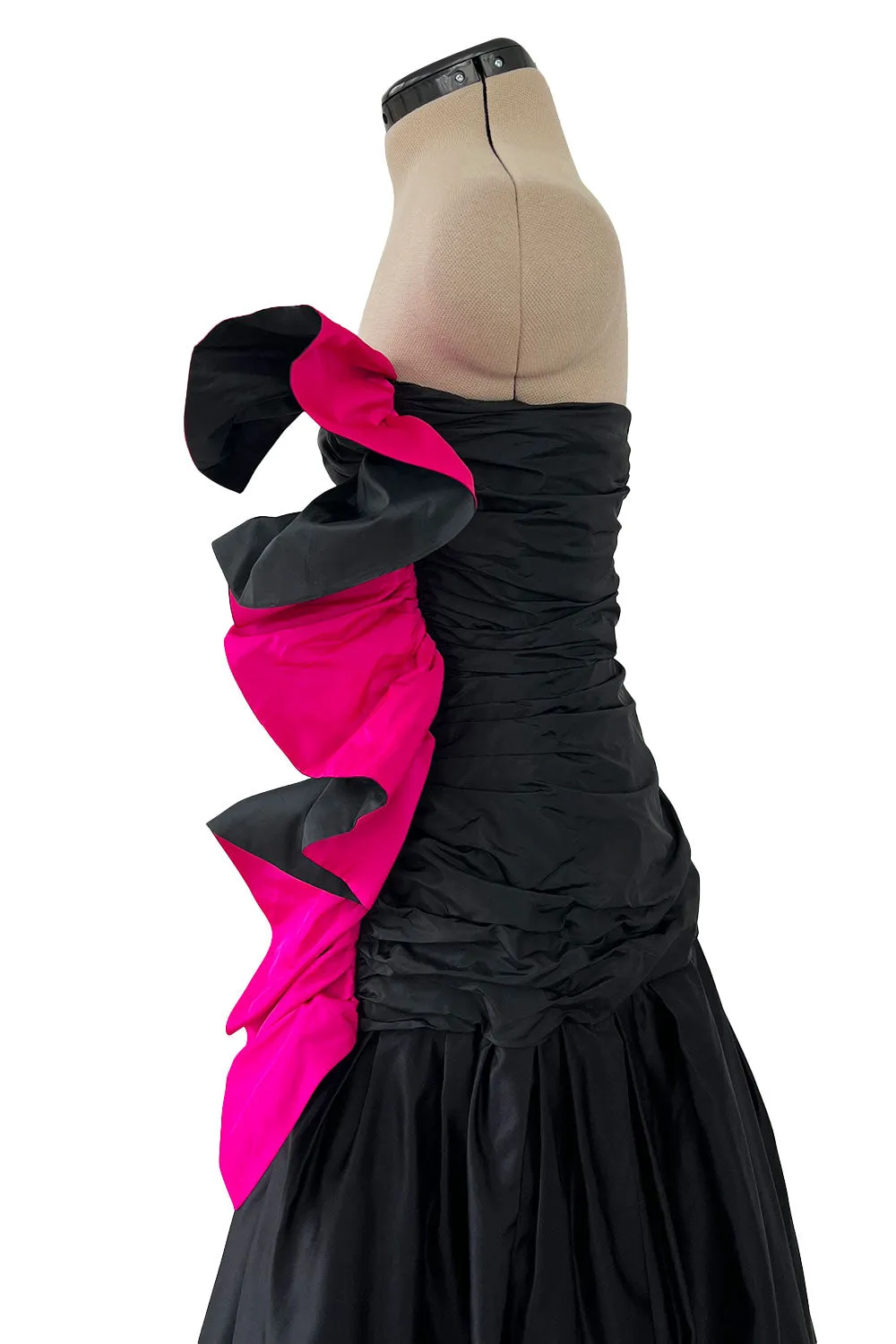 Fall 1982 Arnold Scaasi Couture Runway Black Silk Strapless Dress w Pink Ruffle