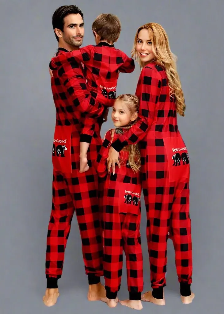 Family Matching Christmas Buffalo Plaid Onesies with Flap - Cozy Red & Black Pajamas