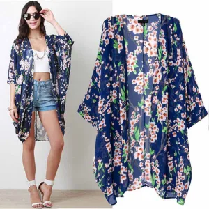 Fashion Women Blouse Flower Printed Kimono Cardigan Kimonos Vintage Casual Chiffon Blouse