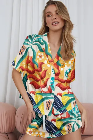 Fiesta Flora – Abstract Tropical Leaf & Floral Satin Pajama Set