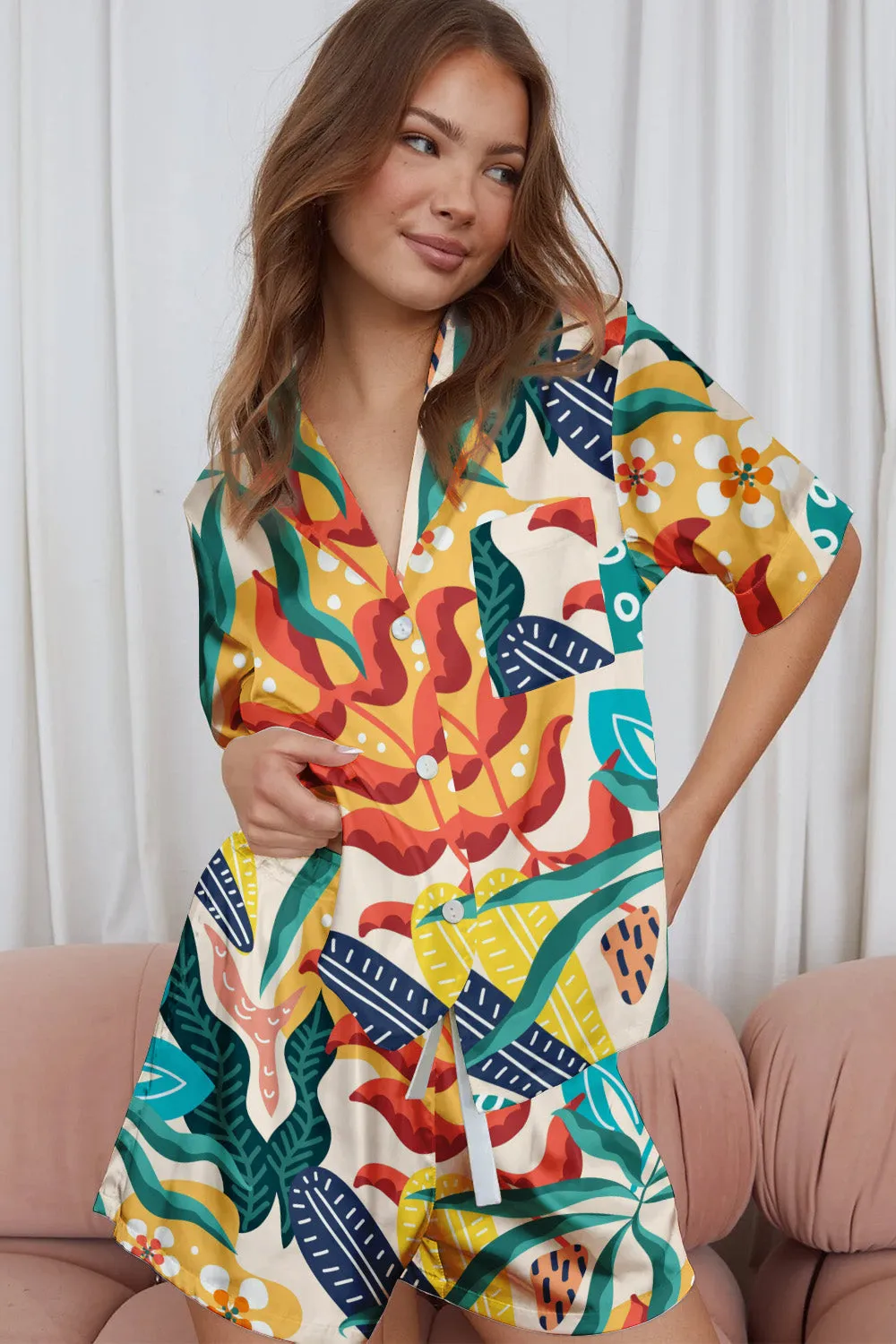 Fiesta Flora – Abstract Tropical Leaf & Floral Satin Pajama Set