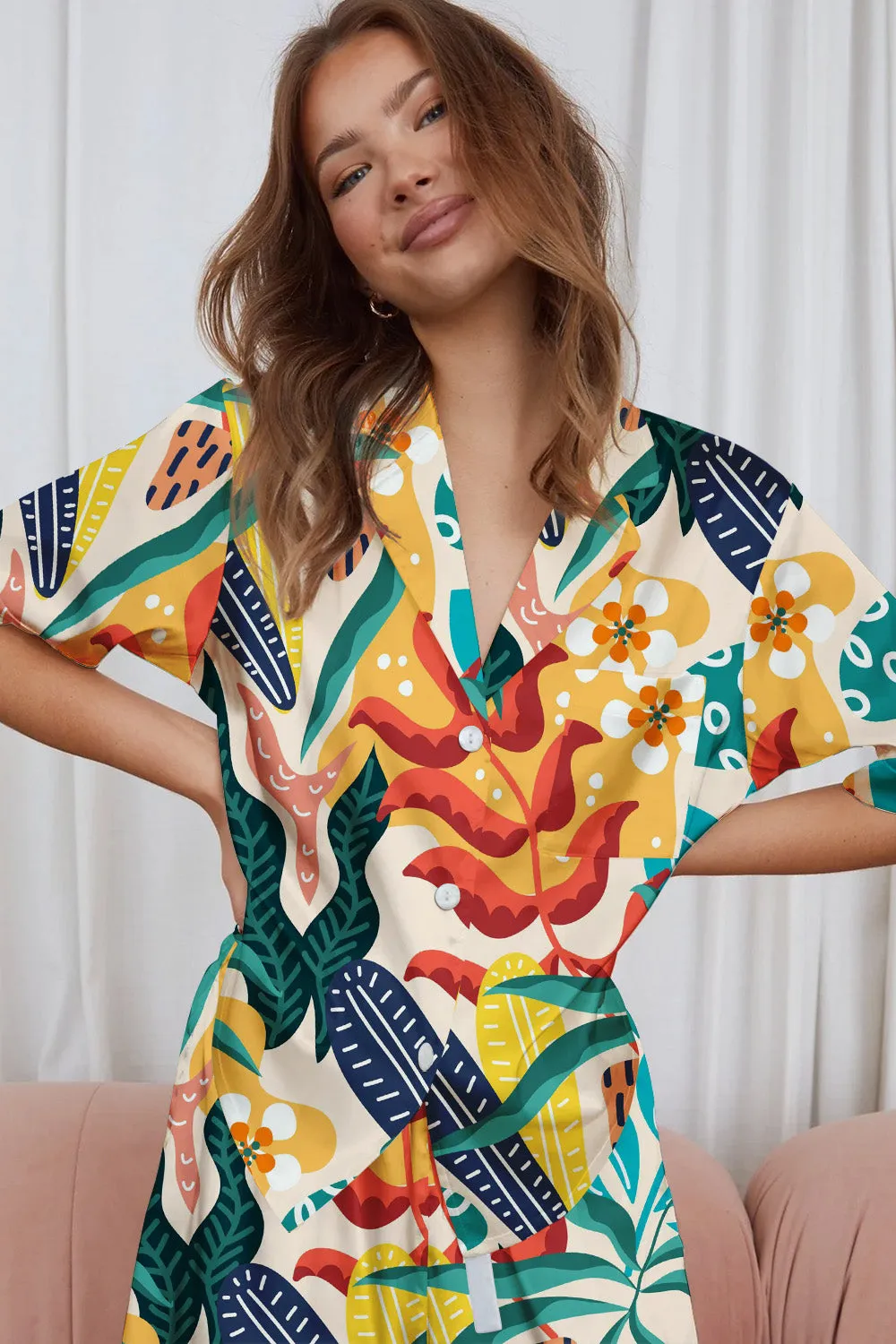 Fiesta Flora – Abstract Tropical Leaf & Floral Satin Pajama Set