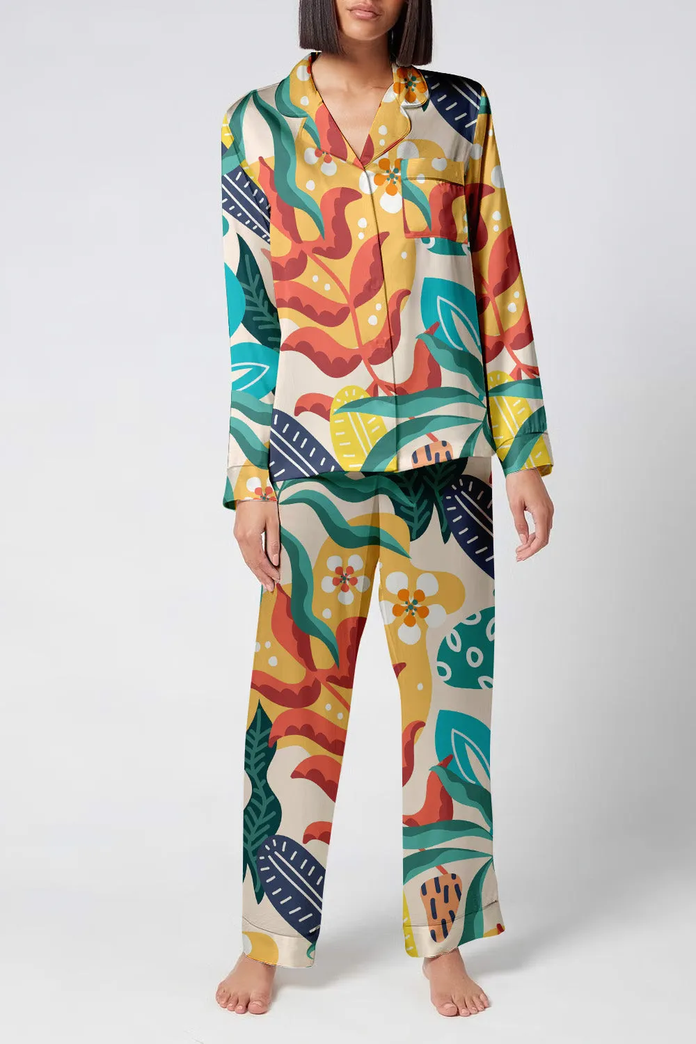 Fiesta Flora – Abstract Tropical Leaf & Floral Satin Pajama Set