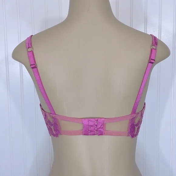 Fleur Du Mal Aura Pink Fuller Cup Silk Lily Embroidery Plunge Demi Bra 32F (DDD)