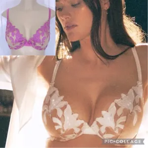 Fleur Du Mal Aura Pink Fuller Cup Silk Lily Embroidery Plunge Demi Bra 32F (DDD)