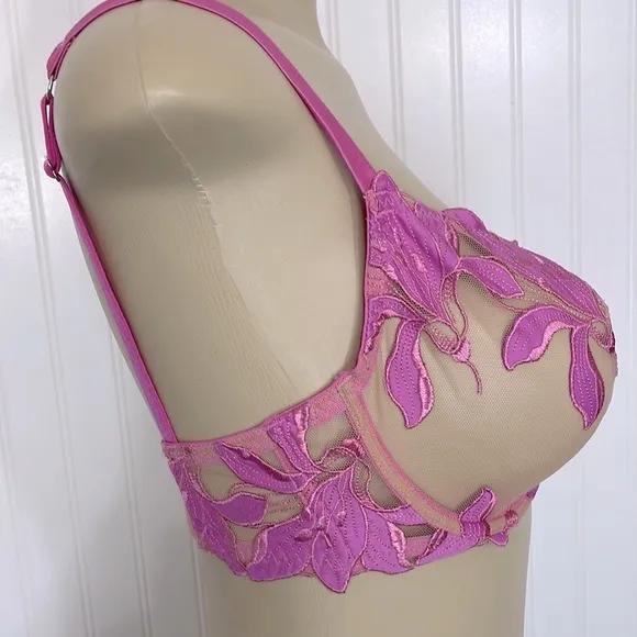 Fleur Du Mal Aura Pink Fuller Cup Silk Lily Embroidery Plunge Demi Bra 32F (DDD)