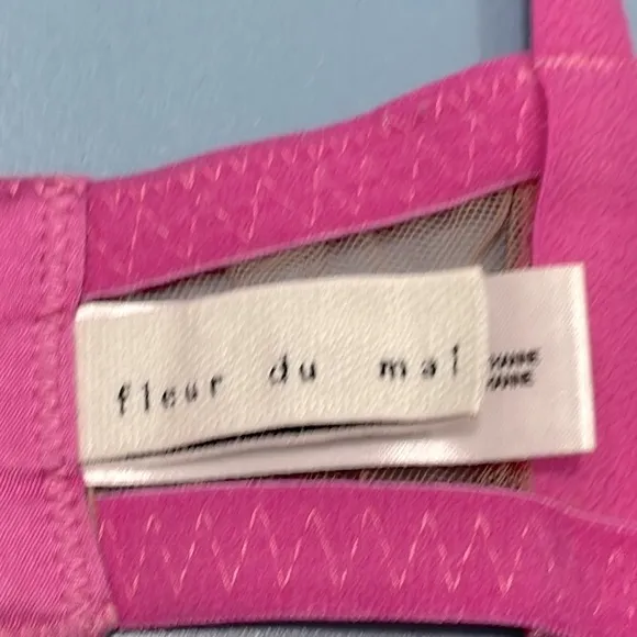 Fleur Du Mal Aura Pink Fuller Cup Silk Lily Embroidery Plunge Demi Bra 32F (DDD)