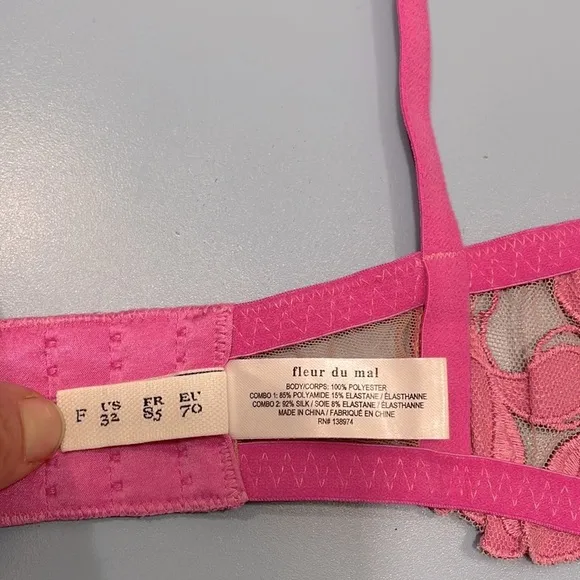 Fleur Du Mal Aura Pink Fuller Cup Silk Lily Embroidery Plunge Demi Bra 32F (DDD)