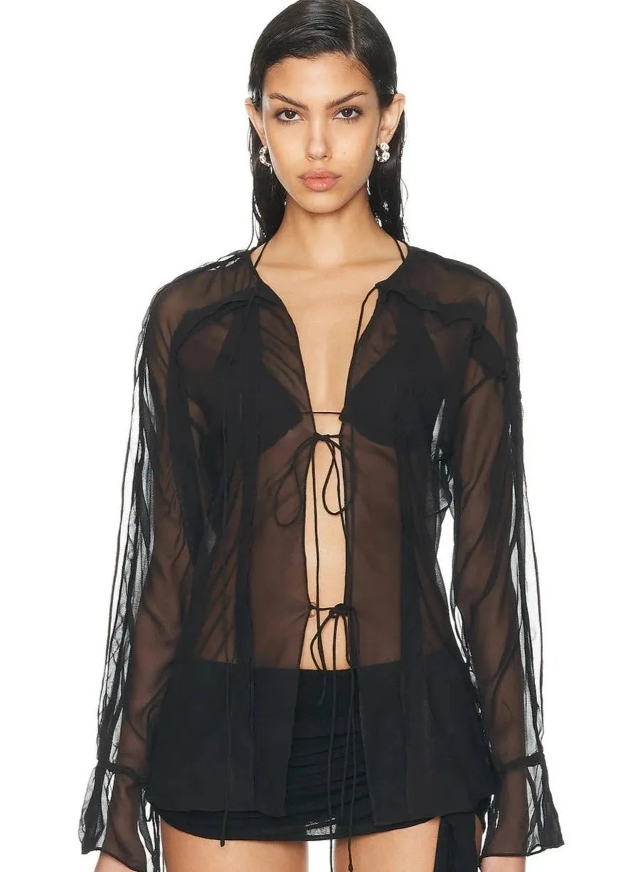 Floating Sheer Lapped Shirt - Black