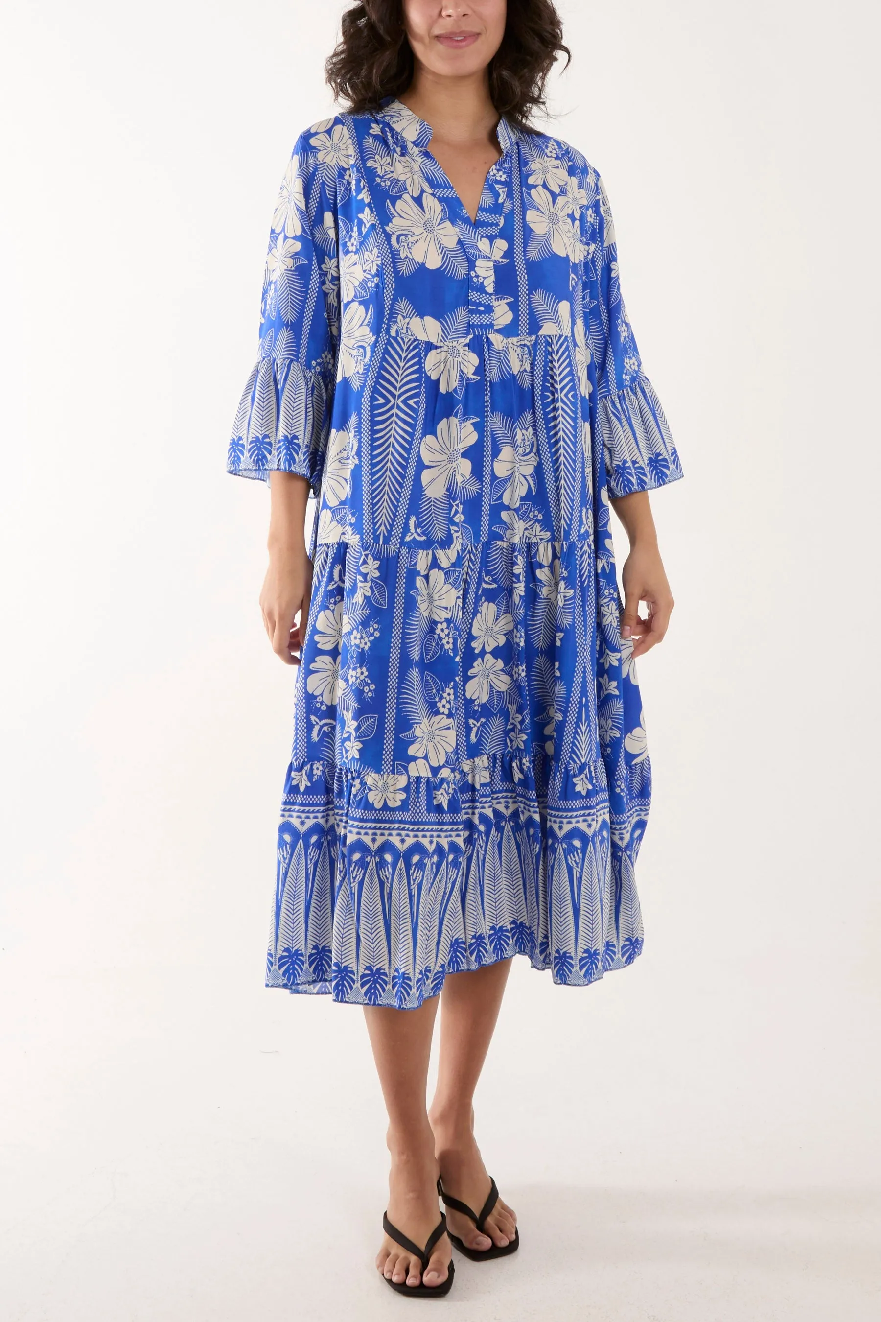 Floral Print Grandad Collar Midi Dress