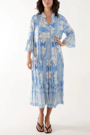 Floral Print Grandad Collar Midi Dress