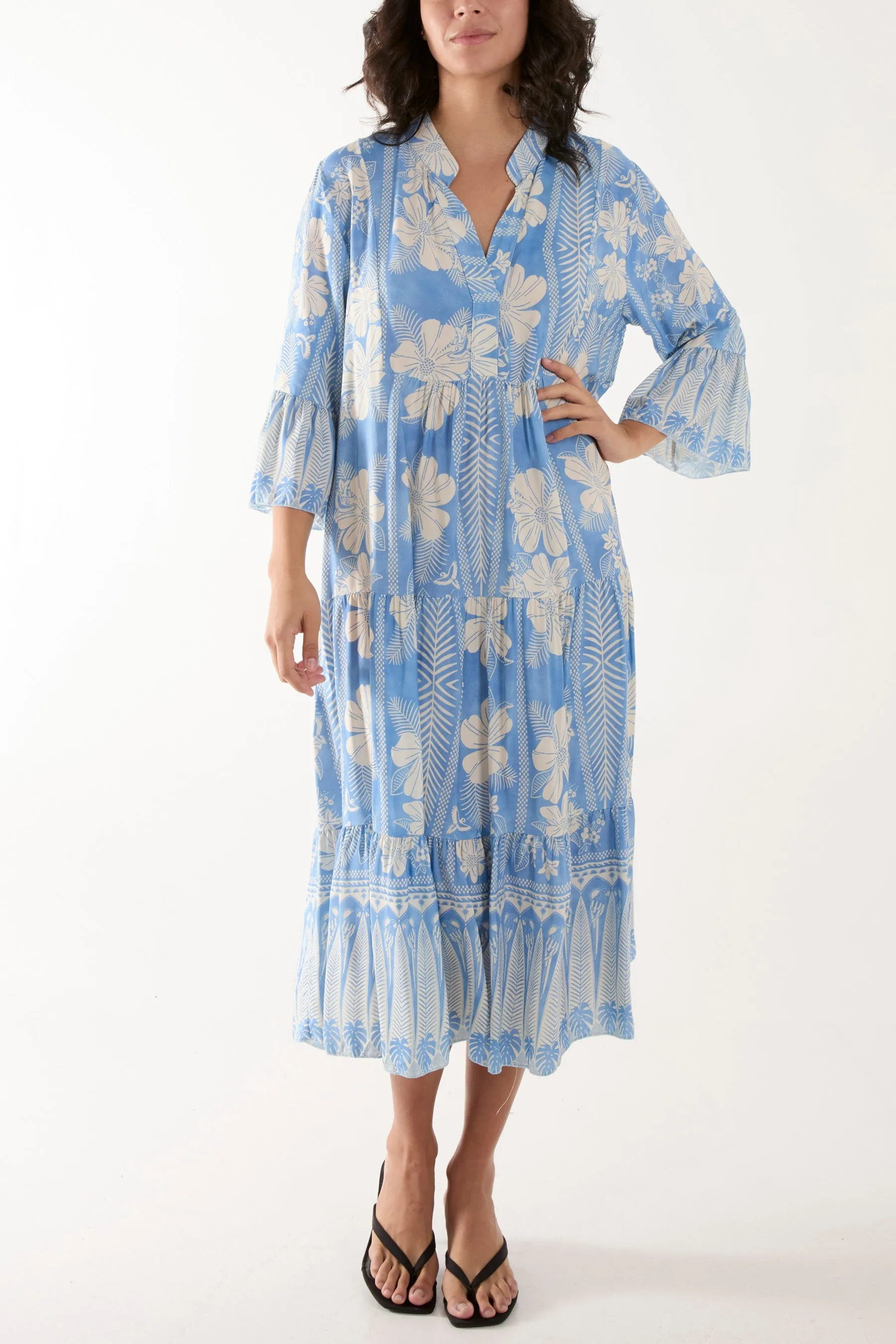 Floral Print Grandad Collar Midi Dress