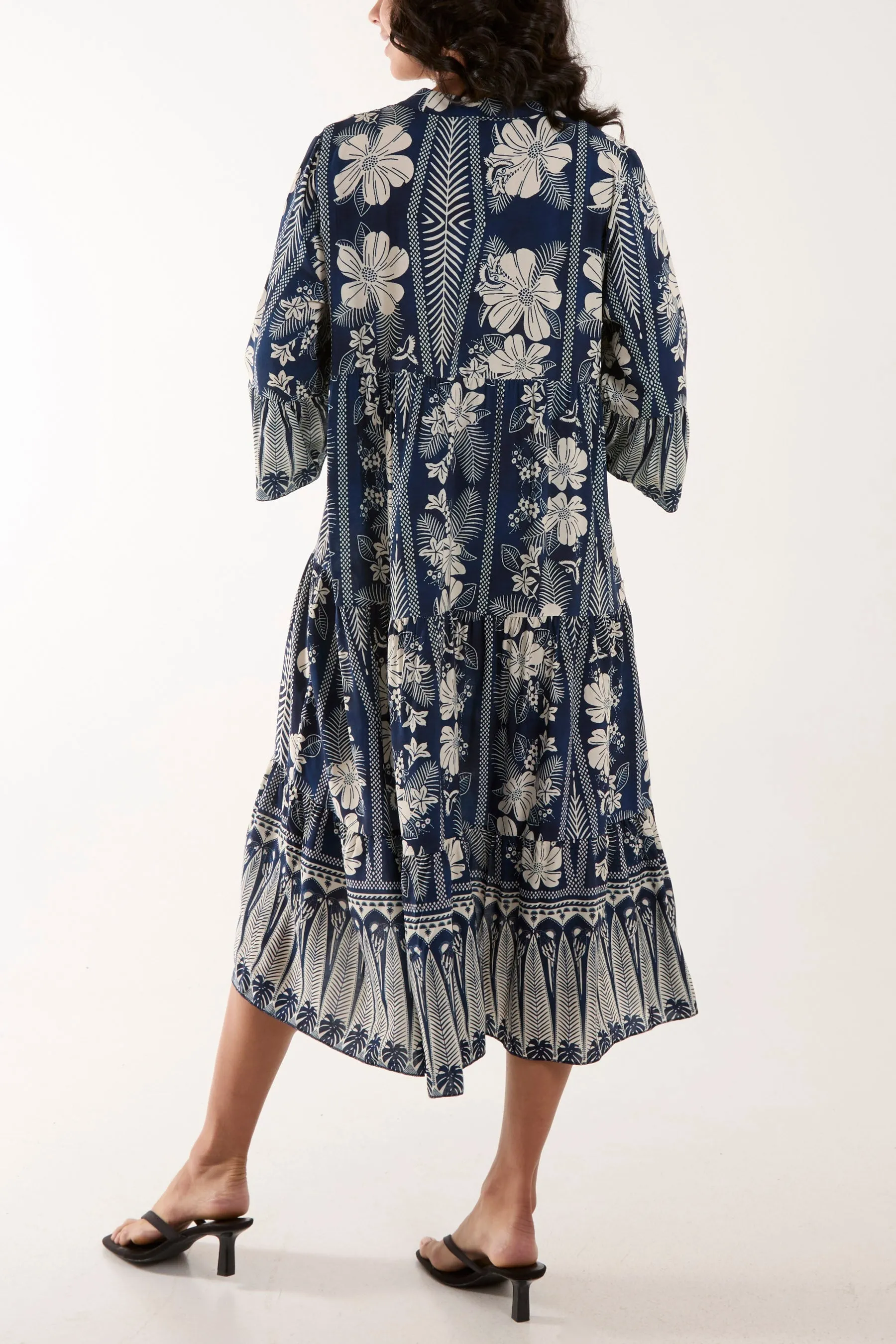 Floral Print Grandad Collar Midi Dress