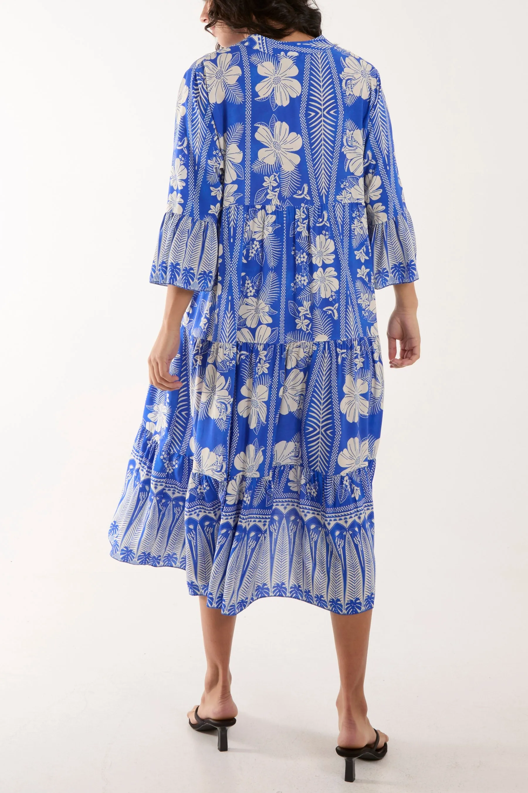 Floral Print Grandad Collar Midi Dress