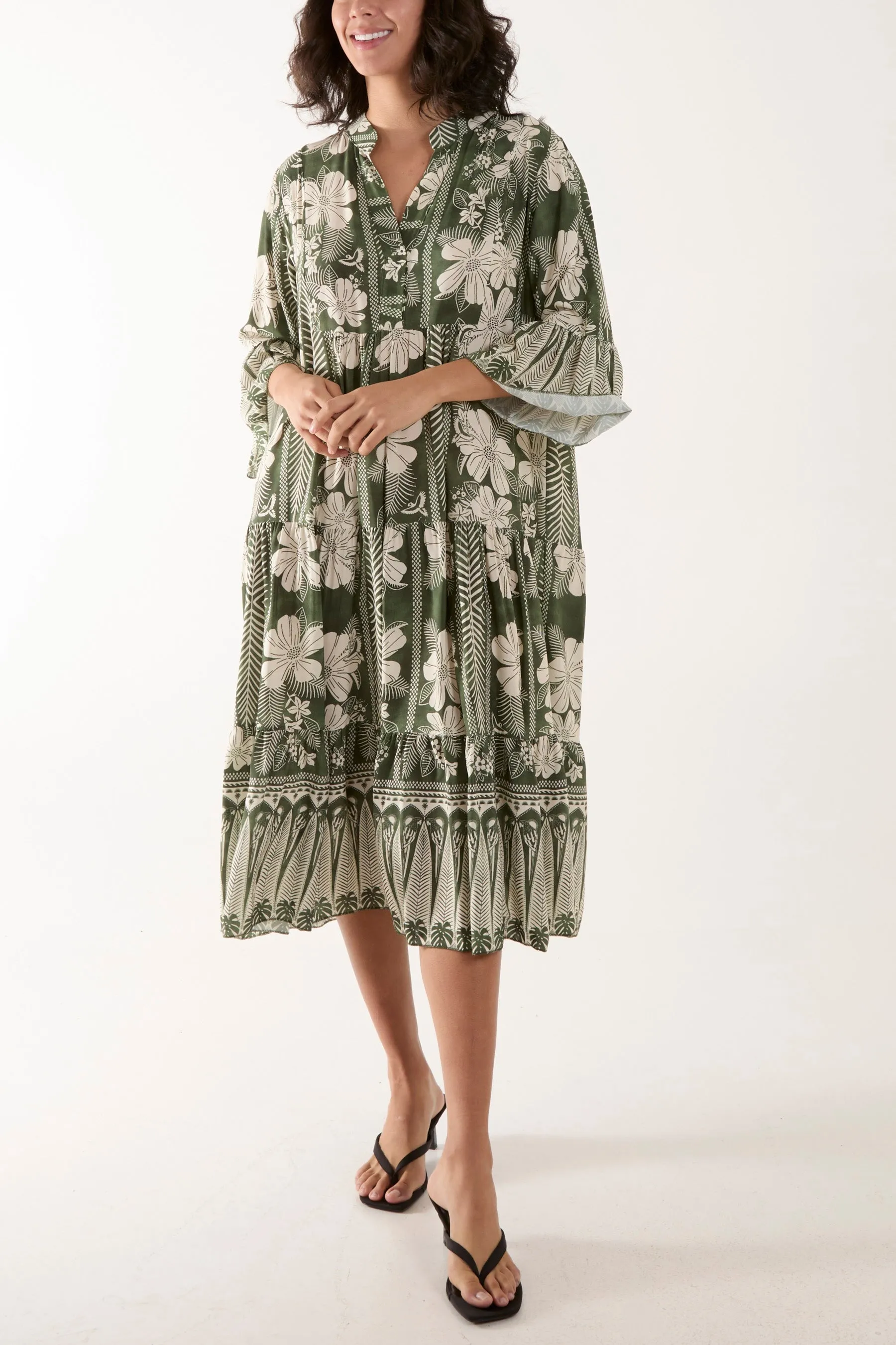 Floral Print Grandad Collar Midi Dress