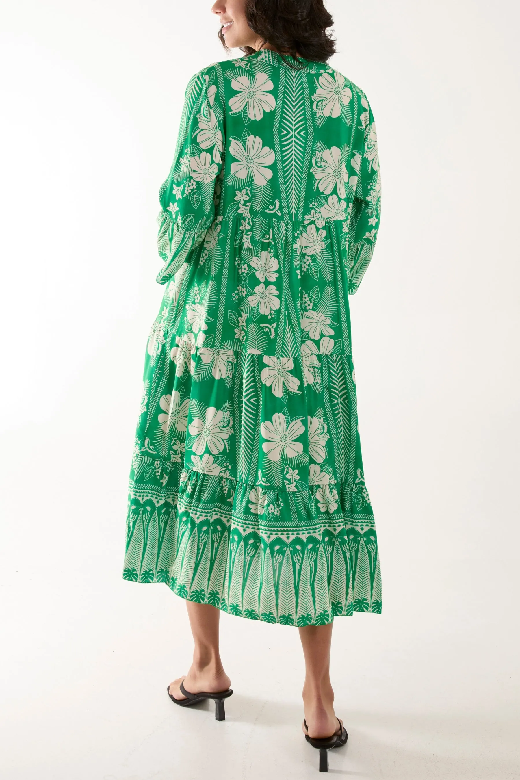 Floral Print Grandad Collar Midi Dress