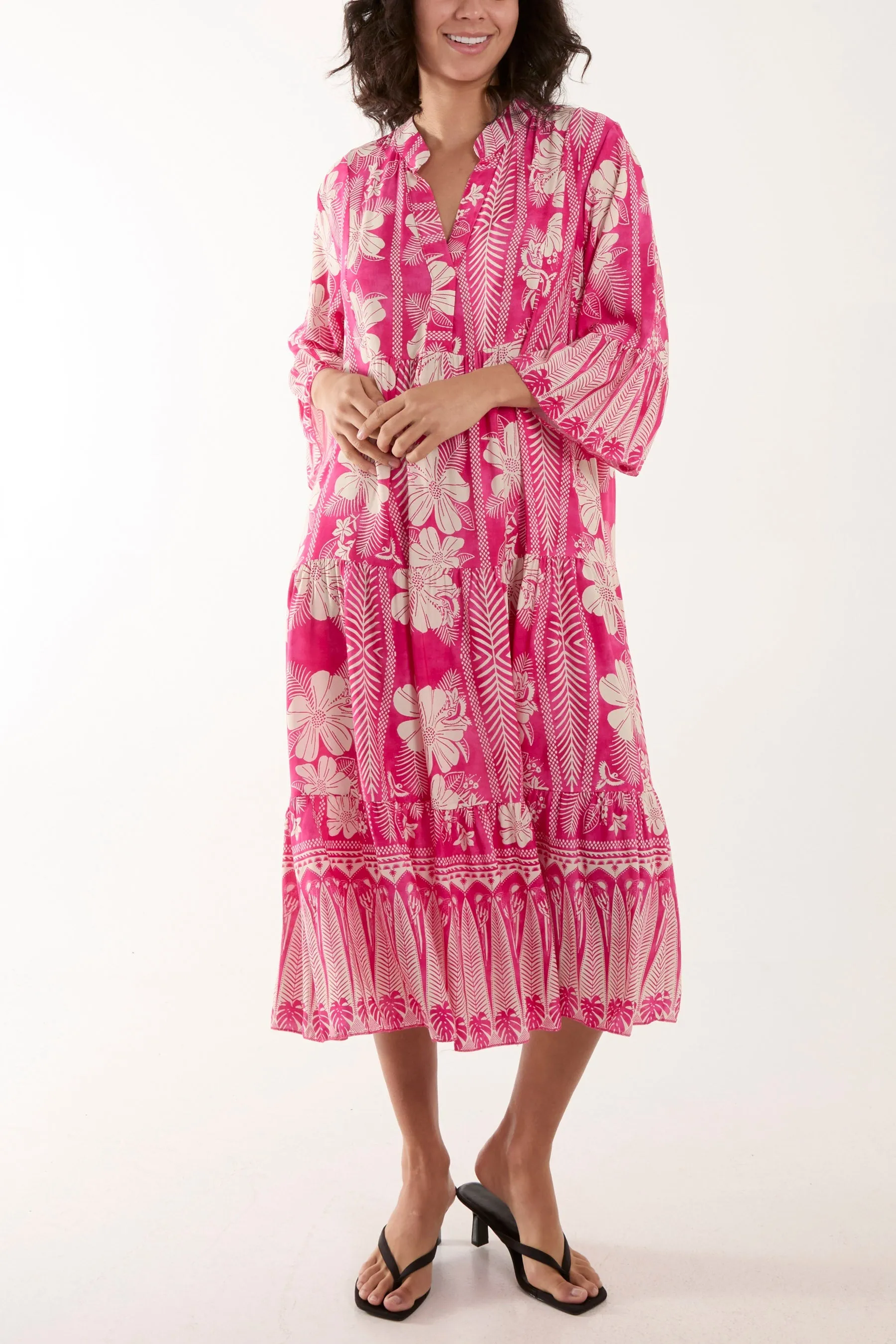Floral Print Grandad Collar Midi Dress