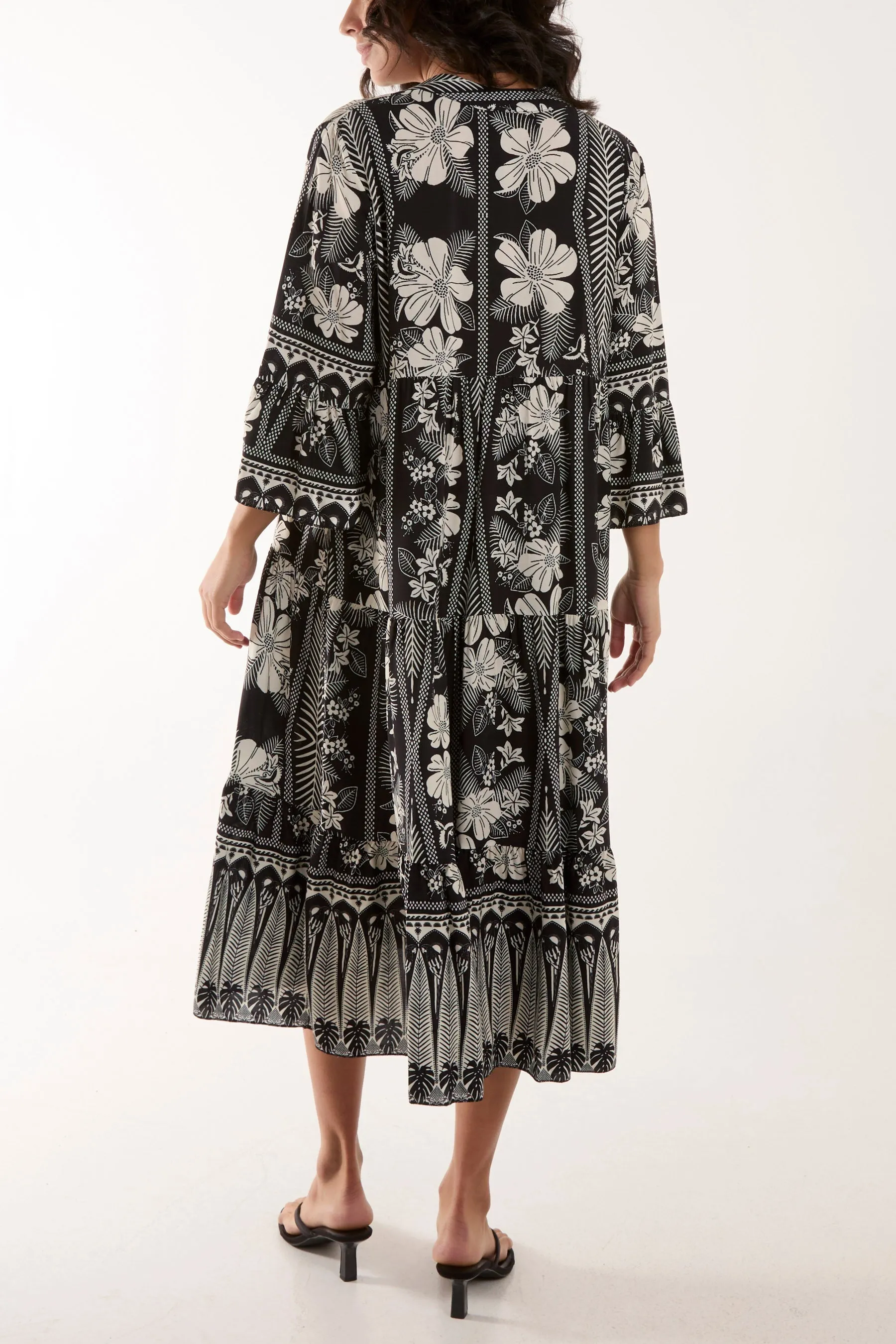Floral Print Grandad Collar Midi Dress
