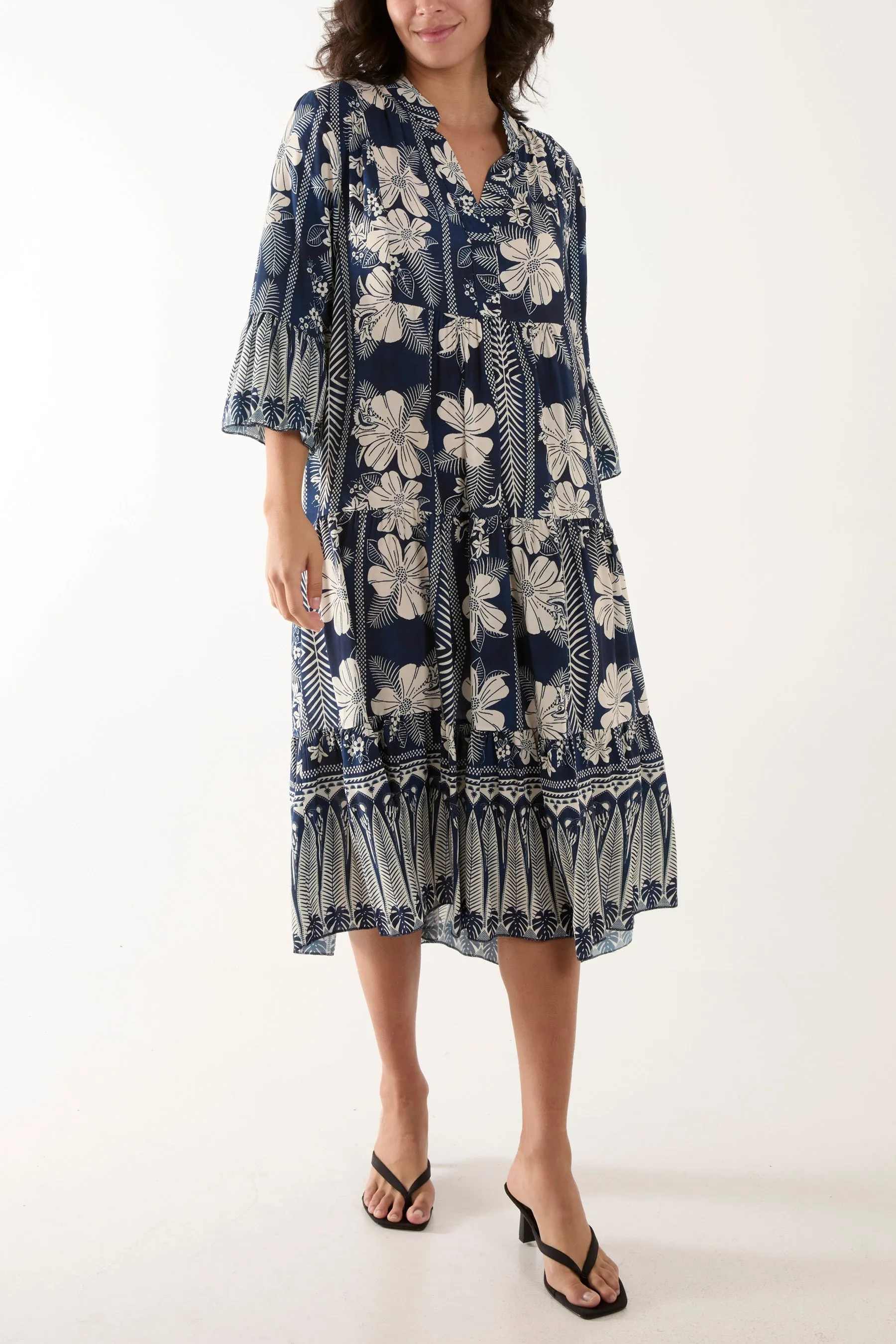 Floral Print Grandad Collar Midi Dress