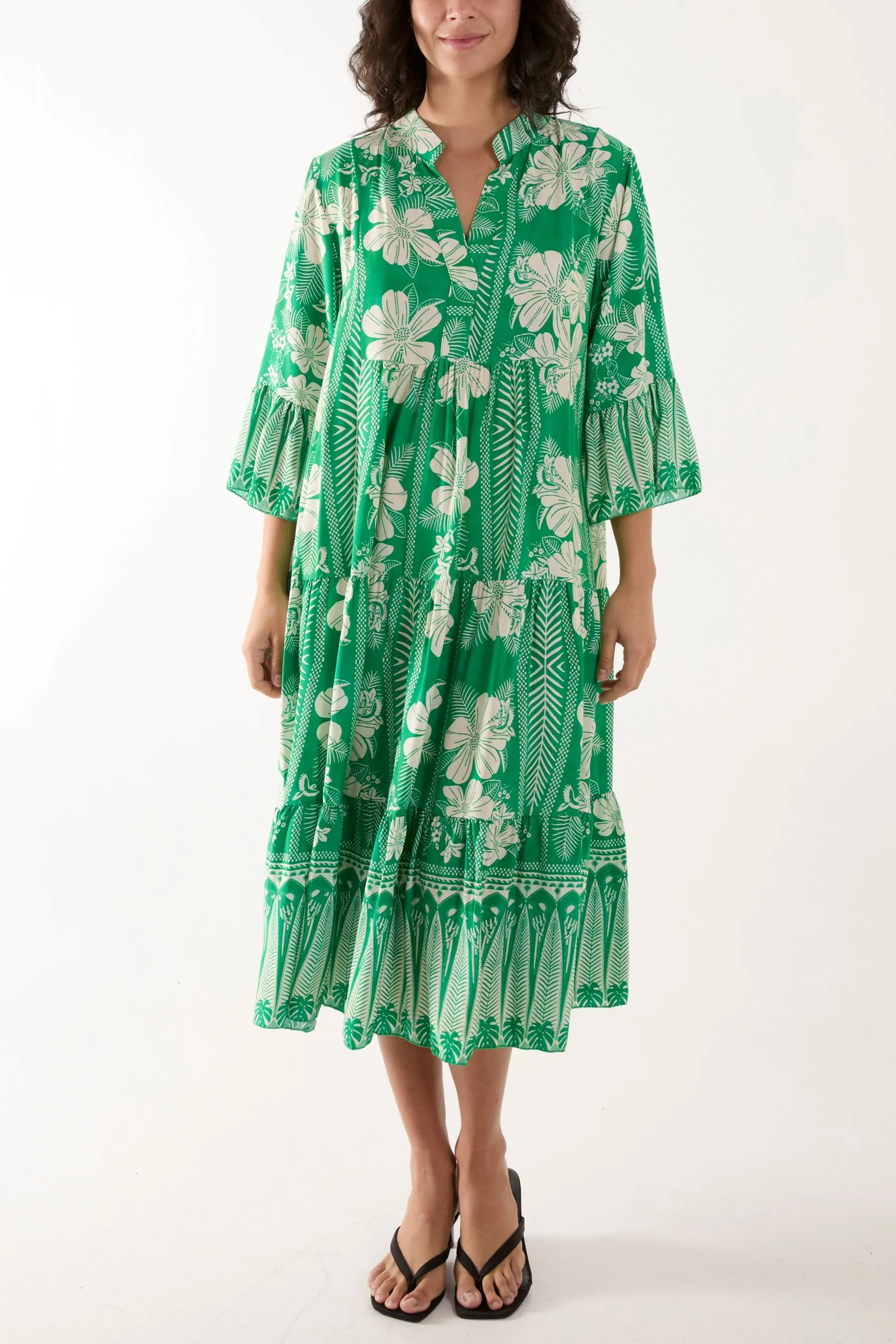 Floral Print Grandad Collar Midi Dress