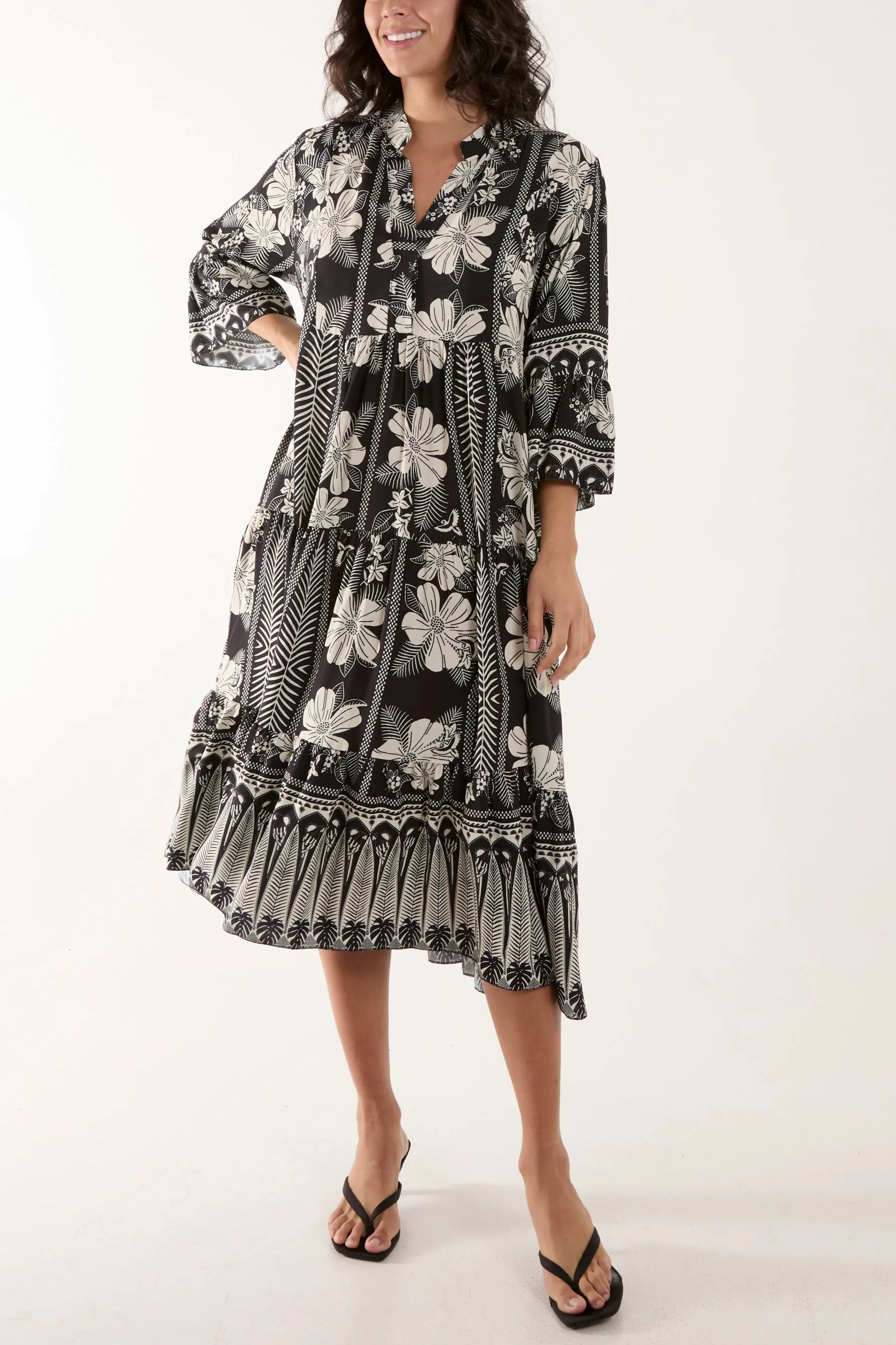 Floral Print Grandad Collar Midi Dress