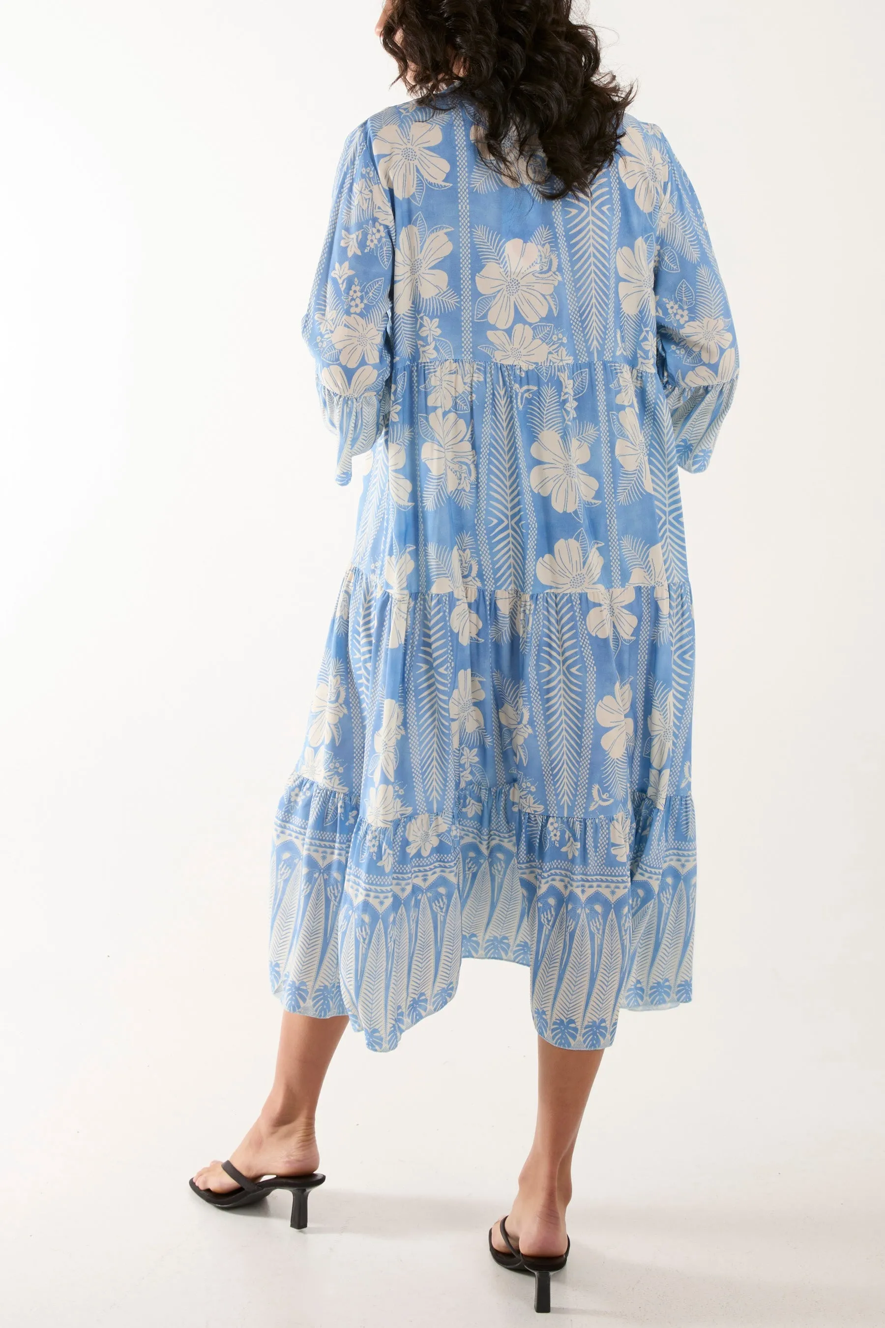 Floral Print Grandad Collar Midi Dress