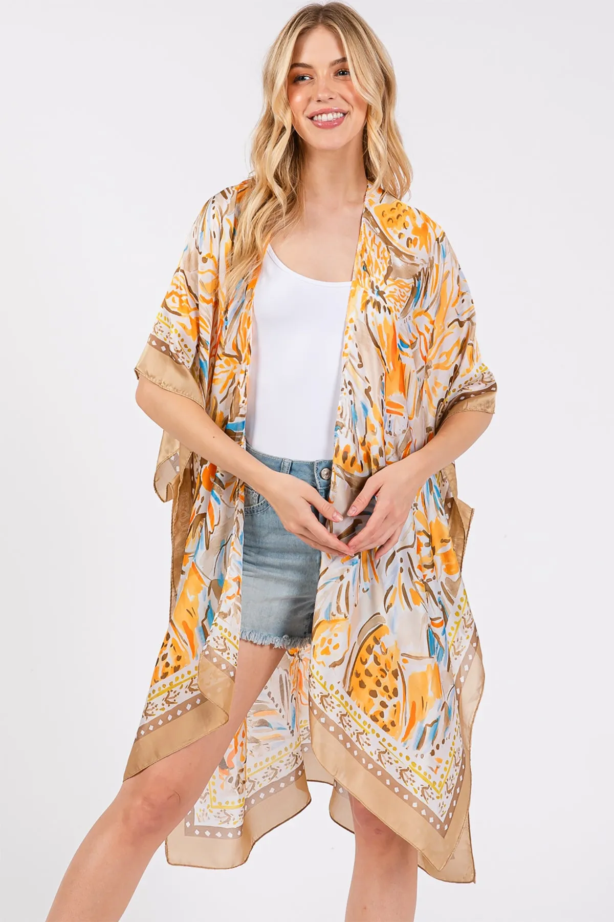 FLOWER PRINT SILKY FEEL KIMONO